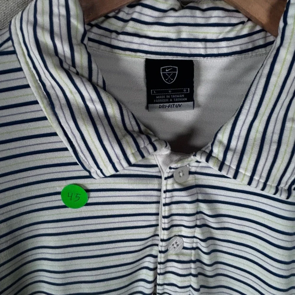 Nike Golf Mens Large White Blue Striped Dri-Fit‎ UV Polo Shirt Short Sleeve L